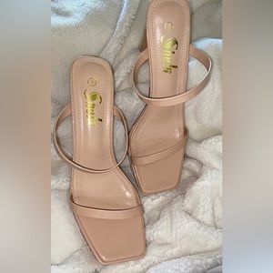 SHEIN Two Strap Square Toe Platform 4 Inch Heels Size 9 in Pink Beige